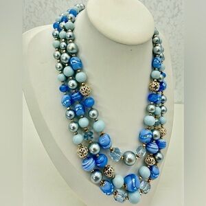 Vintage Triple-Strand Blue Glass & Faux Pearl Necklace | Signed Japan 18-20”